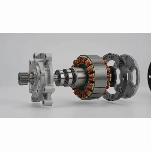 A Seraphin brushless motor exploded into its gearbox, bearings, drive shaft, copper stator and motor housing